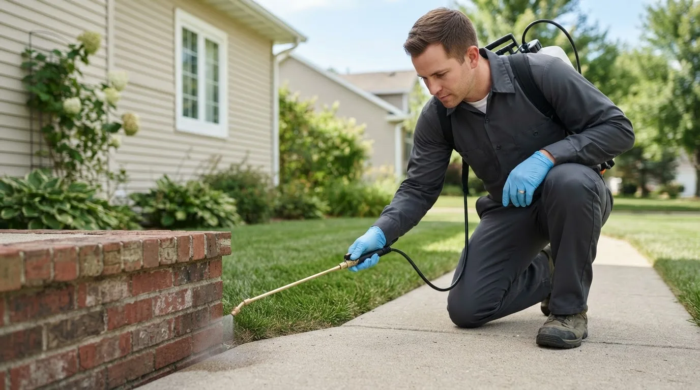Pest control technician treating a home near Macomb, IL