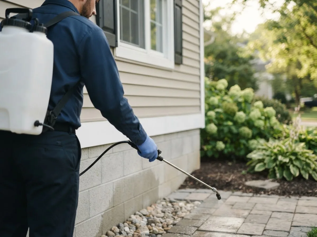 Pest control technician inspecting a home in Macomb, IL